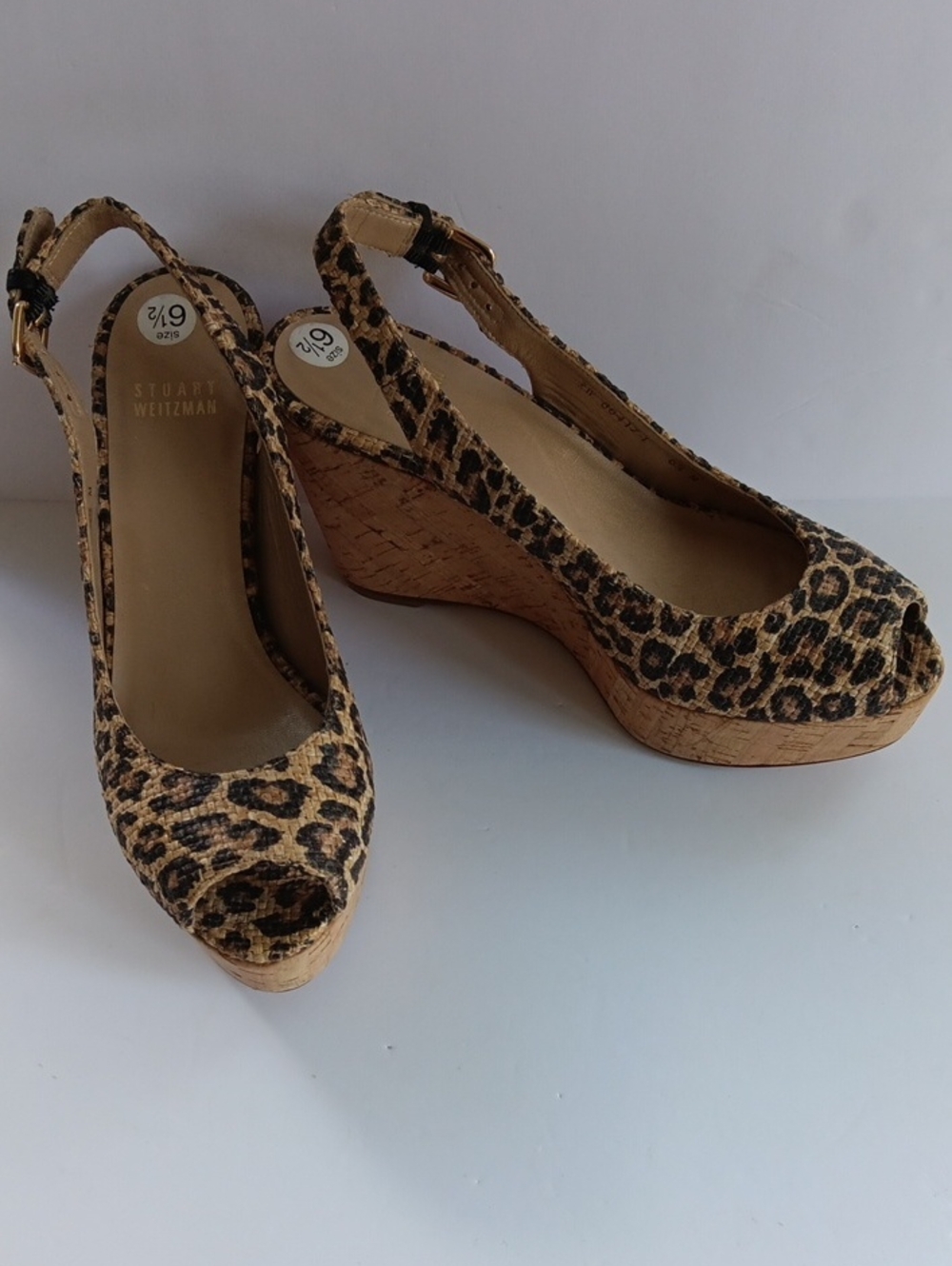 Stuart Weitzman"Jean" Leopard Print Cork Wedge Slingbacks Peep-toe 6.5 M( EUC)